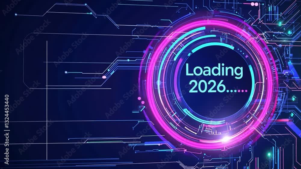 Poster futuristic digital loading interface animation with bright neon circles and technology elements for 