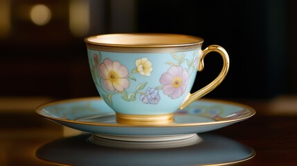 Fototapeta premium A pastel-colored teacup set on a saucer features intricate floral designs in light blue, soft yellow, and lavender, enhancing the delicate and elegant aesthetic