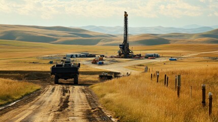 Fototapeta premium Drilling rig in a rural landscape.
