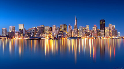 Obraz premium Panoramic City Skyline At Night With Illuminated Buildings Reflected In Tranquil Water Under A Blue Sky