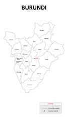 Burundi Map. State and district map of Burundi. Administrative map of Burundi with states and boundaries in white color.