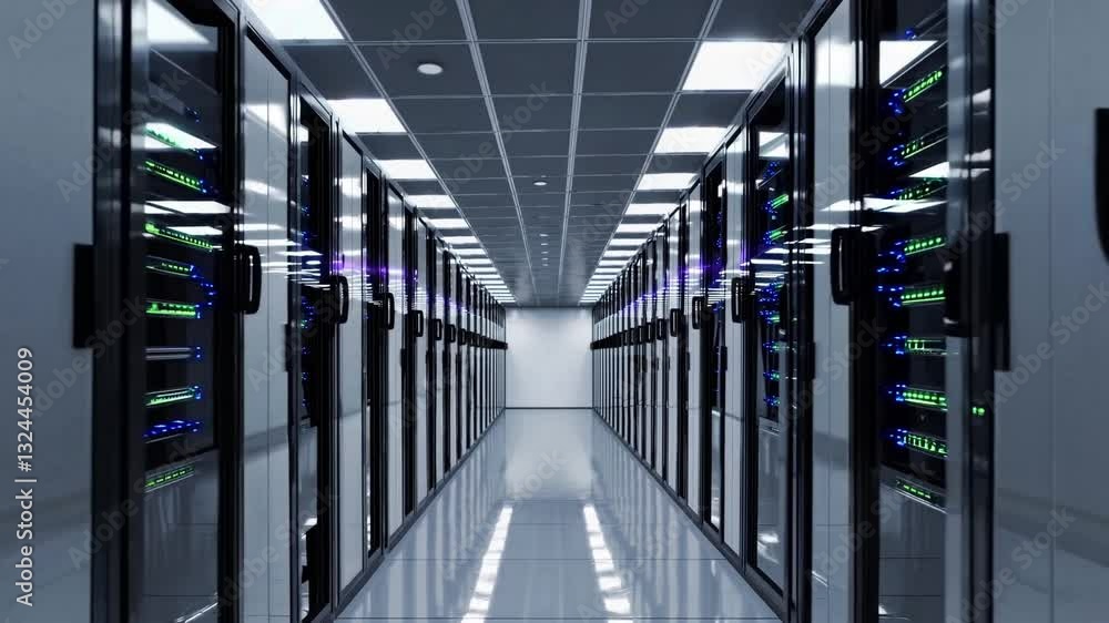 Poster pulsating lights in a high-tech data center with server racks and modern infrastructure