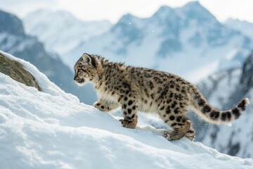 Obraz premium Snow leopard climbing mountain himalayas wildlife photography snowy landscape side view nature conservation