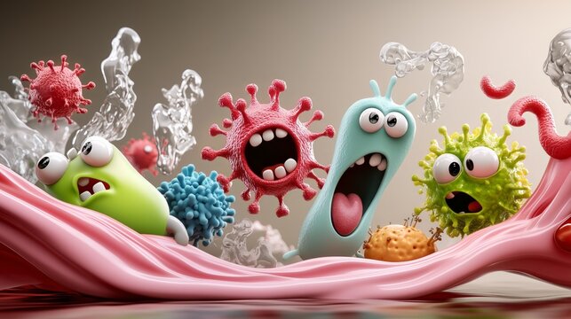 Bright, happy, stylish, cool unpredictable colorful viruses in funny situations.