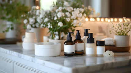 Elegant skincare products displayed on a marble counter, enhancing a spa-like bathroom atmosphere. Luxury and expensive items. Serene Bathroom Essentials: Luxurious Skincare Products