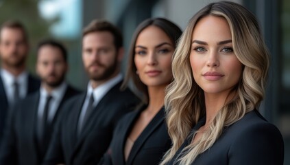 Fototapeta premium Professional business team standing together in formal attire representing corporate success teamwork leadership and collaboration in a modern work environment