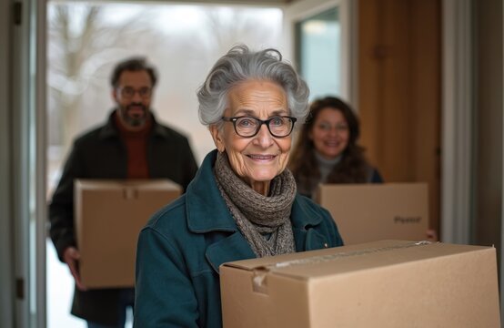 Smiling elderly African American woman moves into new house assisted by family in winter. Happy senior holds box. Relocation, real estate property purchase. Community, transition, experience, golden