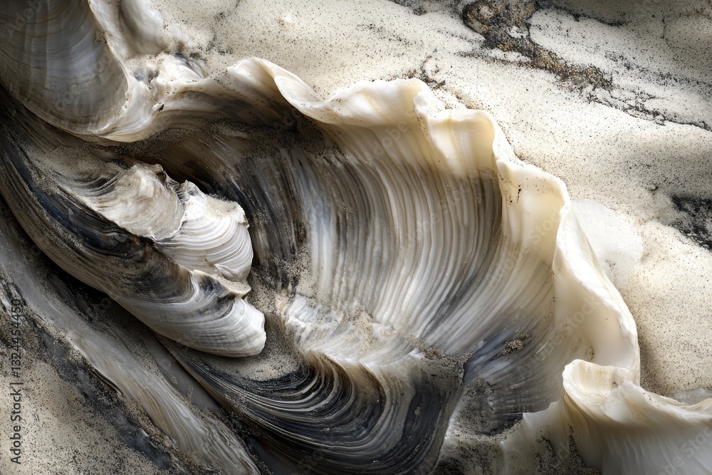 Poster this photo captures a detailed view of a sea shell as it rests on a sandy beach detailed image of th