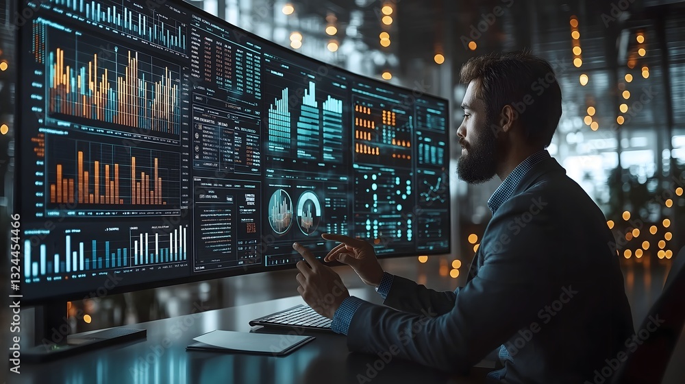 Aufkleber professional data analyst working with advanced financial analytics dashboard and multiple charts on