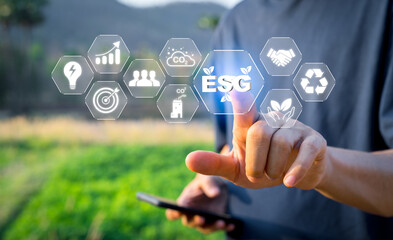 ESG Digital Interface Sustainability Concepts Touchscreen Interaction, Environmental Icons, Outdoor Setting