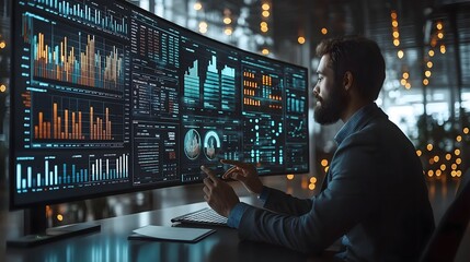 Professional Data Analyst Working with Advanced Financial Analytics Dashboard and Multiple Charts on Digital Screens in Modern Technology Office Environment