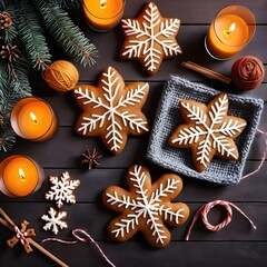 The image is a flat lay of Christmas-themed decorations on a dark wooden background. There are six gingerbread cookies in the shape of snowflakes arranged in a scattered manner. The cookies are light 