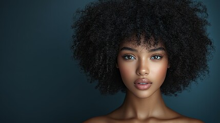 Fototapeta premium A woman with curly hair and a tan complexion. She has a tanish face with a tanish nose