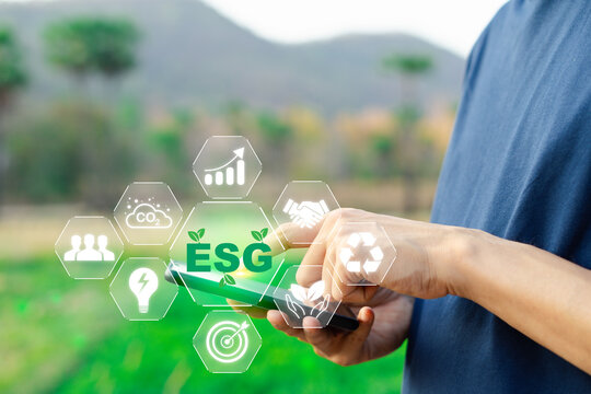 Technology, ESG Concept, Digital Interface, Sustainable Development, Green Background, Mobile Interaction, Hexagonal Icons