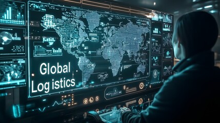 Obraz premium Global Logistics Network Management on Interactive World Map Display with Supply Chain Analytics and Transportation Route Visualization in Modern Control Room
