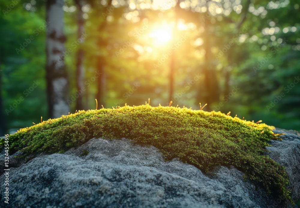 Aufkleber Close-Up of Moss on Rock with Soft Sunlight Filtering Through Green Forest Background Creating a Serene and Tranquil Nature Scene