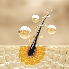 High-quality 3D illustration depicting hair follicle nourishment with essential oils, representing deep hydration, scalp care, and advanced hair treatment for stronger, healthier hair.