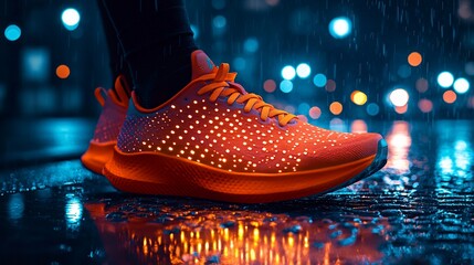 Vibrant neon running shoes illuminated on a rainy city street at night, reflecting lights