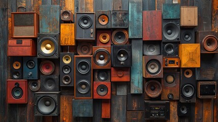 Obraz premium A visually captivating wall of diverse vintage audio speakers suggests a powerful sound system for music enthusiasts and audiophiles.