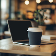 A laptop and coffee cup on a coworking office table