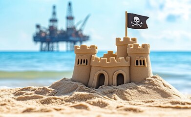 A clipper ship anchors off the beach where a sandcastle displays a pirate flag