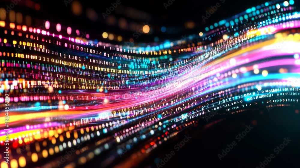 Poster vibrant data streams glowing with light and color in an abstract digital landscape