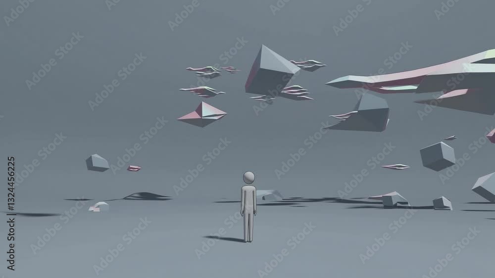Poster virtual reality exploration in a minimalist environment with abstract shapes and figures