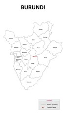 Obraz premium Burundi Map. State and district map of Burundi. Administrative map of Burundi with states and boundaries in white color.
