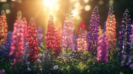 Obraz premium Vibrant Field of Colorful Lupins Under Golden Sunset with Soft Focus Background