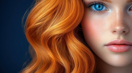 Fototapeta premium A woman with red hair and blue eyes. Her hair is long and wavy. She has a pinkish tint to her lips