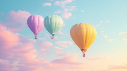 Fototapeta premium A whimsical balloon festival features pastel hot air balloons in soft yellow, lavender, and mint green soaring across a dreamy pastel sky