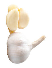 Side view of fresh white garlic bulbs with peeled garlic clove or pieces in stack isolated with clipping path in png file format