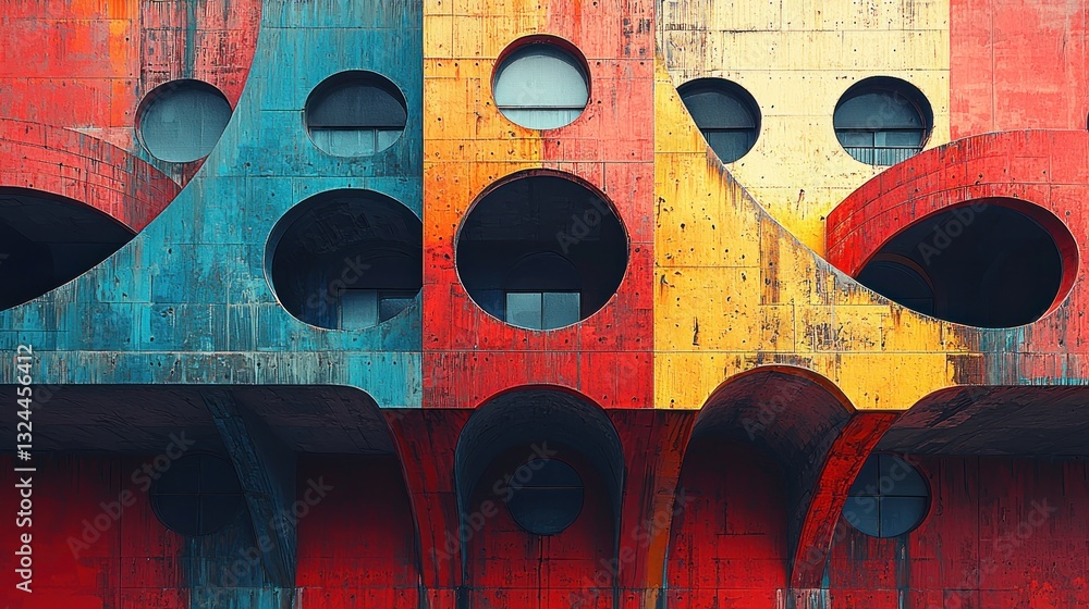 Poster striking colorful architecture featuring geometric shapes and circular openings