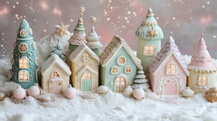 A pastel fairy garden features tiny houses in mint green, soft yellow, and lavender, sparkling with dewdrops under a soft pink moonlight