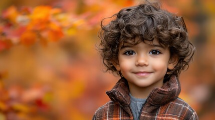 Fototapeta premium A young boy with brown hair and a brown jacket. He is smiling. The jacket is plaid