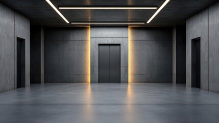 Obraz premium An artfully minimalist industrial entranceway with black steel doors, geometric lighting, and concrete textures