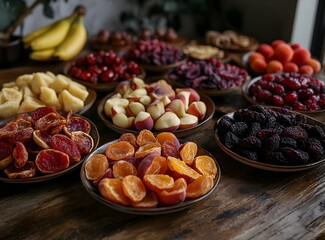 A Bountiful Selection of Dehydrated Fruits Apricots, Peaches, Cherries, and More, Arranged on a Rustic Wooden Table for a Healthy and Delicious Snack.