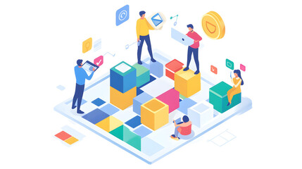 Isometrische Illustration von Teamarbeit in digitaler Innovationsumgebung  
