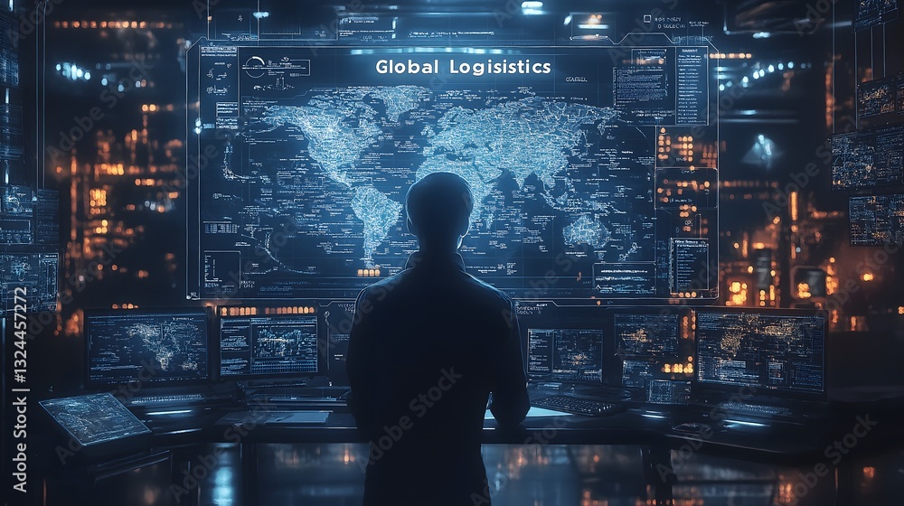 Aufkleber person silhouette viewing complex data visualization on large interactive screen with digital inform