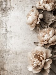 Artwork featuring sepia peony flowers on a textured concrete wall ideal for photo wallpaper murals and modern loft style decor