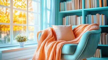 A cozy reading nook adorned with pastel-colored books in shades of light blue, peach, and soft pink, perfect for creating a serene and relaxing atmosphere