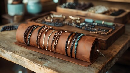 Showcase of handcrafted bracelets and necklaces, displayed on a leather roll and wooden tray. A beautiful collection of artisan jewelry. Luxury and expensive items. Artisan Jewelry Collection