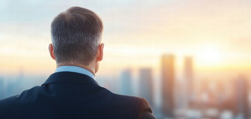 businessman gazes at city skyline during sunset, contemplating opportunities