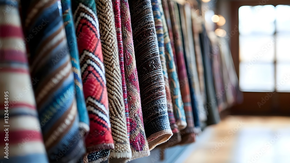 Poster a display of various colorful woven textiles hanging side by side, showcasing intricate patterns and