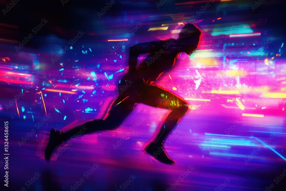 Poster dynamic silhouette of a runner burst through electrifying neon colors in a cyberpunk setting filled 