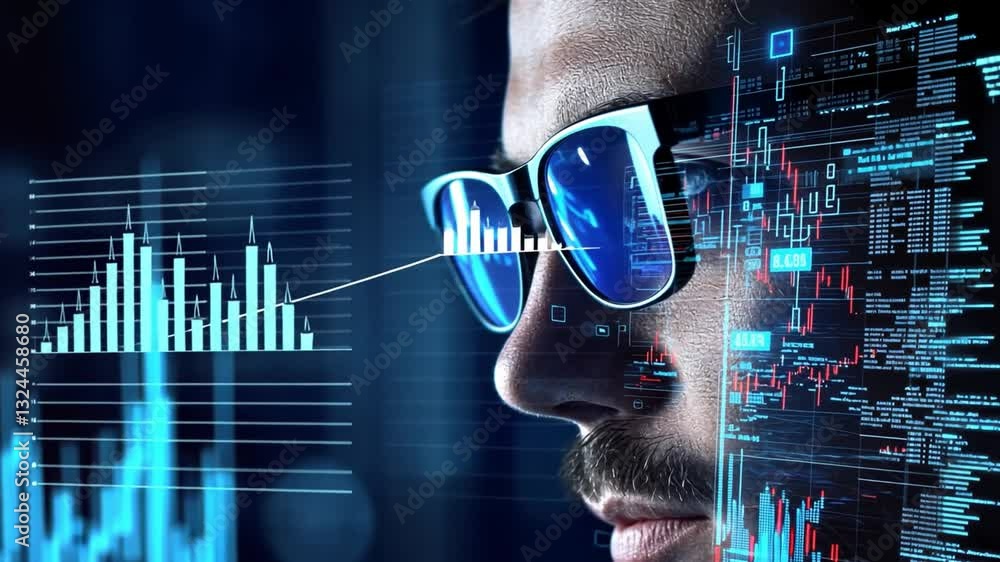 Poster close-up of man wearing glasses surrounded by digital data visualization and technology interface