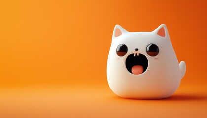 Adorable Spooky White Ghost Spirit Cat: Boo! Kawaii Art Featuring An Open-Mouthed Ghost With Cat Ears And Big Black Eyes. Halloween Greeting Card On Orange Background.