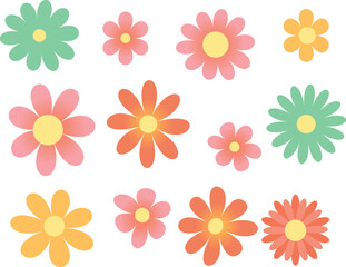 Beautiful romantic flower collection with flower compositions, simple flower.Hippy groovy daisy flowers set. Retro vintage style, hand drawn decorative elements.Flat hand drawn vector collection