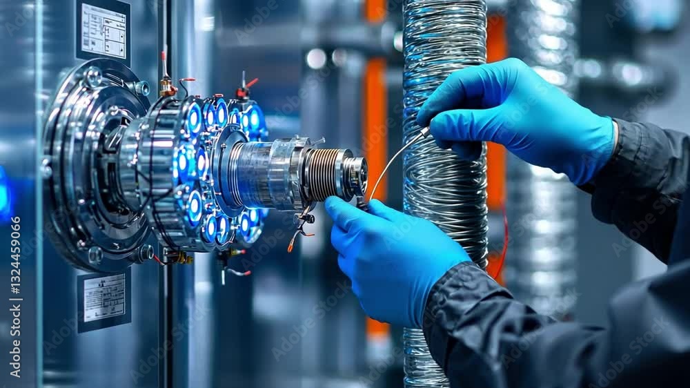 Poster technician working on advanced machinery with glowing components in a modern industrial setting