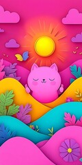 Playful stylized cat in a paper cut landscape with vibrant colors